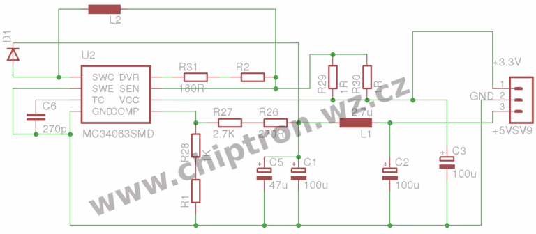 Aktualizováno: (Tabulky, grafy, účinnost) Zdroj s MC34063 +5V k rozšiřující desce pro LaunchPad/ 		Power supply with MC34063 +5V for expanded board of LaunchPad